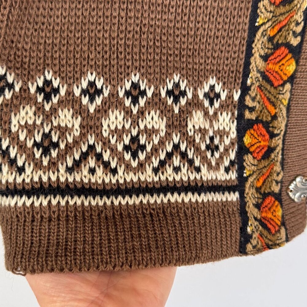 Women's Brown Fair Isle Cardigan Sweater with Embroidered Trim - Picture 8 of 16